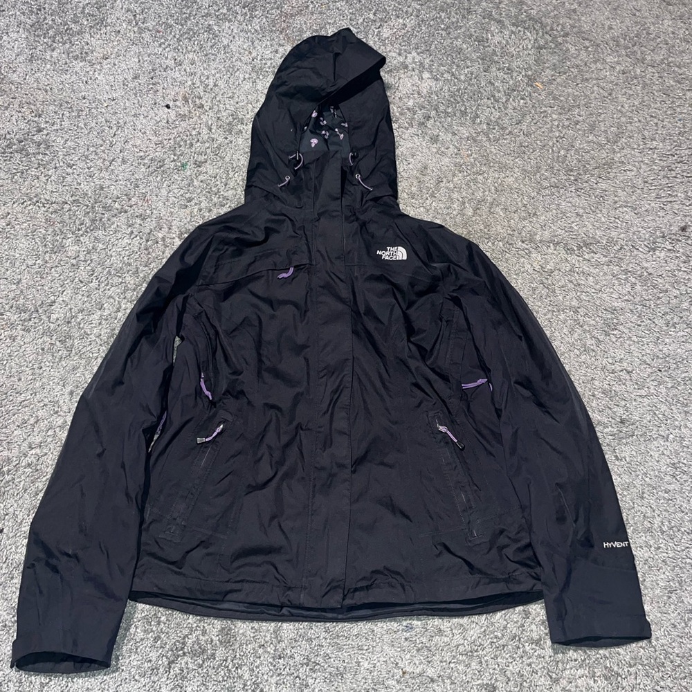North Face Black Purple Floral Hyvent Hooded Aucy Winter Rain Snow SKi Jacket L